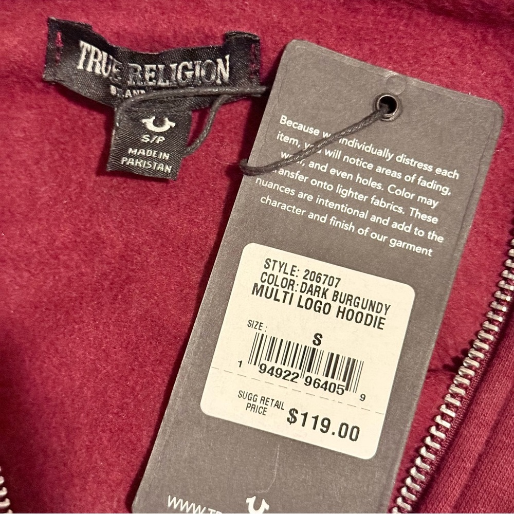 True Religion Burgundy Zip-Front Hoodie - Picture 3 of 3